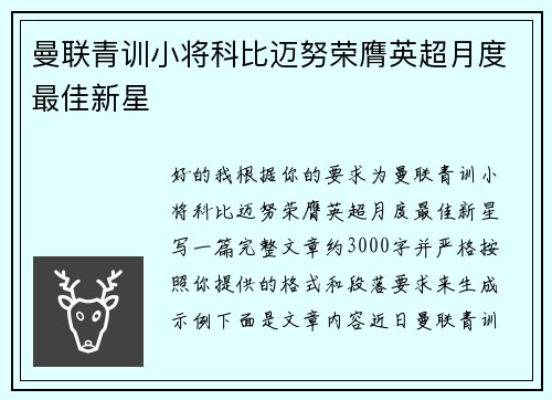 曼联青训小将科比迈努荣膺英超月度最佳新星