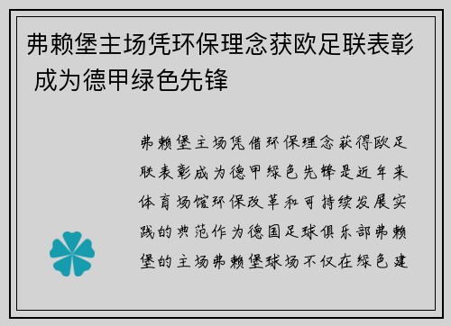 弗赖堡主场凭环保理念获欧足联表彰 成为德甲绿色先锋